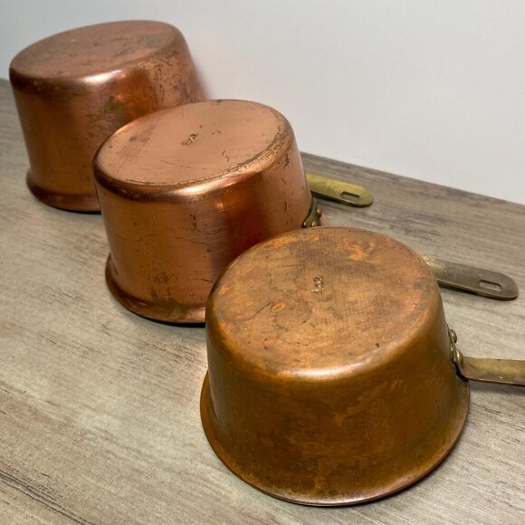 Vintage Copper Measuring Cups Set of 3 Brass Handles Steel Inside 4oz 6oz 8oz - Picture 1 of 7